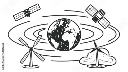 Illustration of earth with satellites and wind turbines showcasing global connectivity and renewable energy