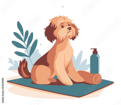 Cartoon Dog Sitting on Mat with Towel and Bottle in a Bright Setting
