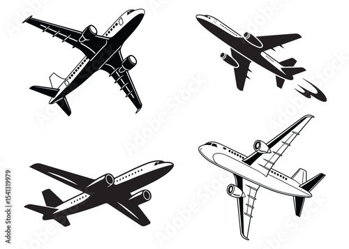 Silhouette airplane icon bundle. Airplane Flying Vector Set. Minimalist Black and White Aircraft Silhouettes for Branding and Travel Graphics.