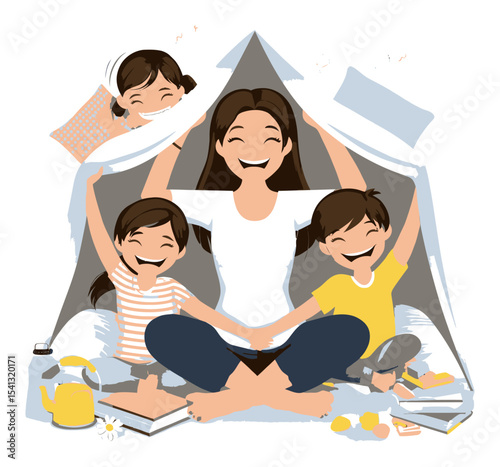 Joyful Family Time with Kids in a Cartoon Tent at Home