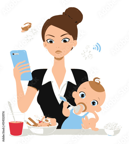 Busy Mother Multitasking with Baby While Using Smartphone and Eating