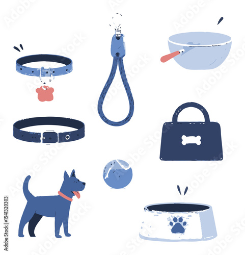 Blue Cartoon Dog Accessories Vector Illustration for Pet Lovers