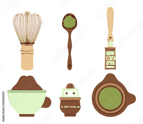 Whimsical Cartoon Illustrations of Matcha Tea Preparation Tools