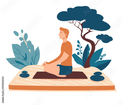 Serenity in Nature: Man Meditating with Trees and Plants in Background