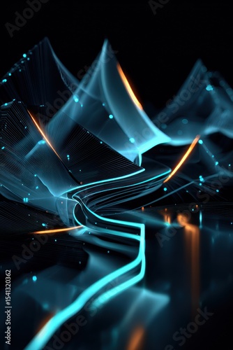 Abstract digital landscape with glowing turquoise and orange lines