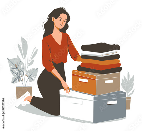 Woman Organizing Clothes and Boxes in a Stylish Cartoon Vector Illustration