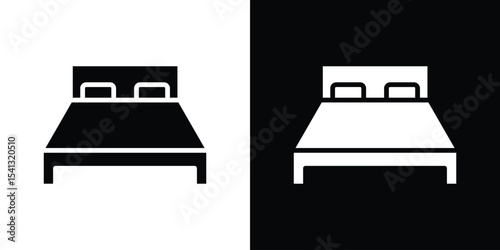 Bed icon in flat black solid vector set