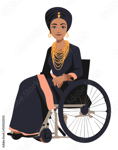 Elegant woman in wheelchair wearing traditional attire and accessories