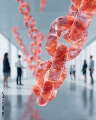 Transparent Blockchain Ledger Chain in Modern Office with Collaborative Team Visualizing Digital Transactions for Secure Finance and Corporate Compliance