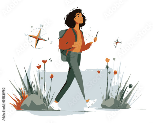 Young Woman with Backpack Exploring Nature and Using Compass in Vector Style