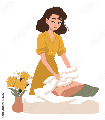 Cheerful Cartoon Character Making Bed with Flowers in Vector Style