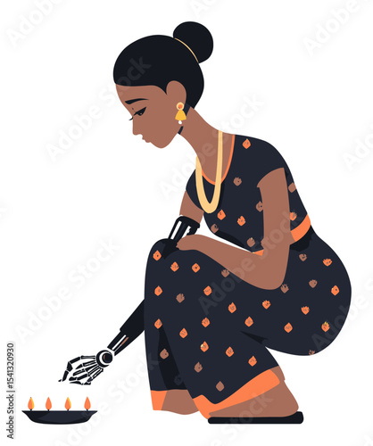 Elegant Cartoon Woman with Robotic Arm Lightening Diya in Traditional Attire