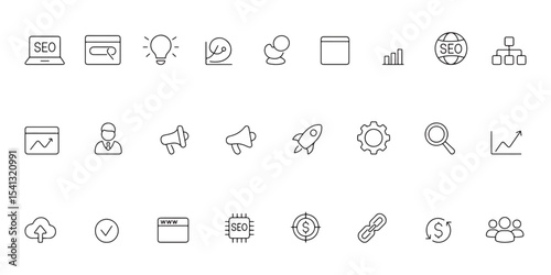 Single Line SEO Icons Set — Minimalist Vector Silhouettes for Digital Marketing and Optimization Tools