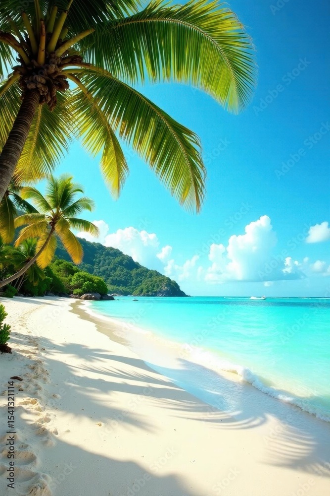 Fototapeta premium Sun-drenched beach, turquoise water, palm trees, coast, vacation, exotic