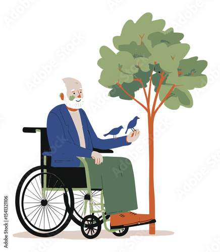 Elderly Man in Wheelchair Enjoying Nature with Birds and Tree Illustration