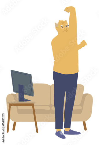 Elderly Person Stretching in Living Room with Couch and Television Setup