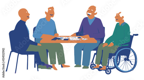 Joyful Group of Seniors Engaging in Card Game at Table in Cartoon Style