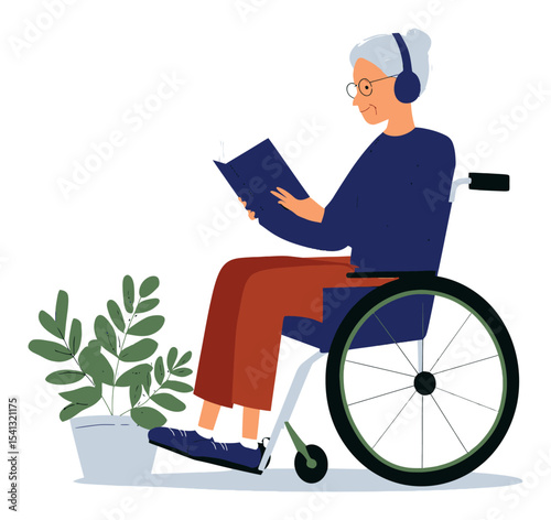 Cartoon of Elderly Woman in Wheelchair Reading Book with Headphones