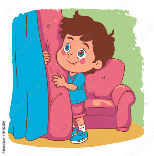 Happy Child Playing Hide and Seek Behind Colorful Curtain Illustration