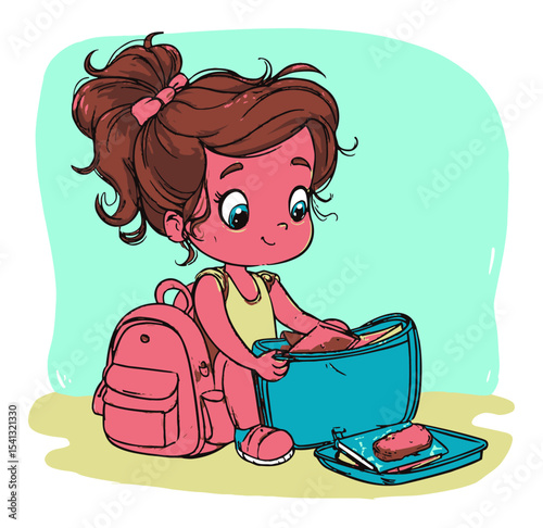 Cute Girl with Backpack Opening Lunchbox in Colorful Vector Style Illustration