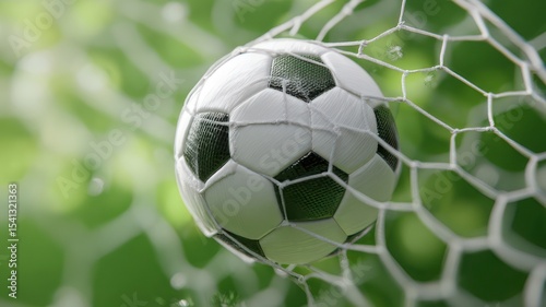 A soccer ball caught in a net with a blurred green background showing through