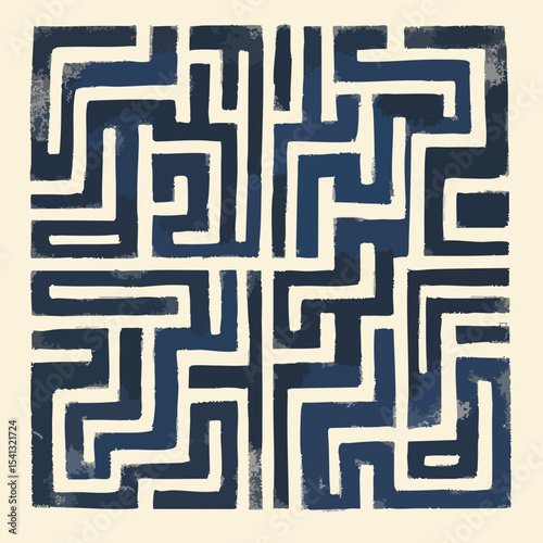Maze Style Blue and Beige Geometric Design