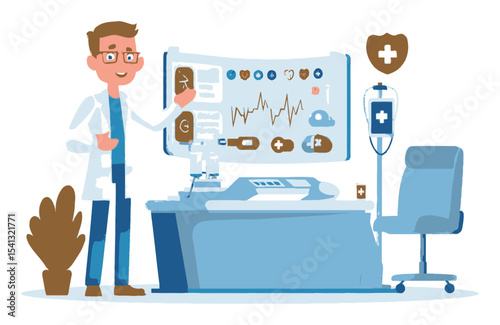 Friendly Male Doctor with Medical Technology and Health Monitoring Equipment
