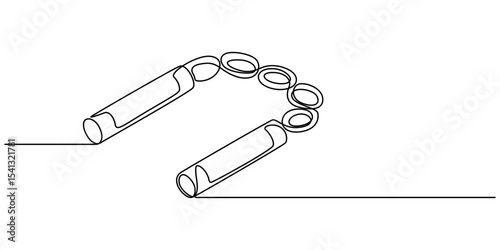 continuous line of nunchaku.drawing of one line of the traditional martial arts tool nunchaku.single line of two sticks connected by a chain or rope, nunchaku martial arts weapon vector, white back.