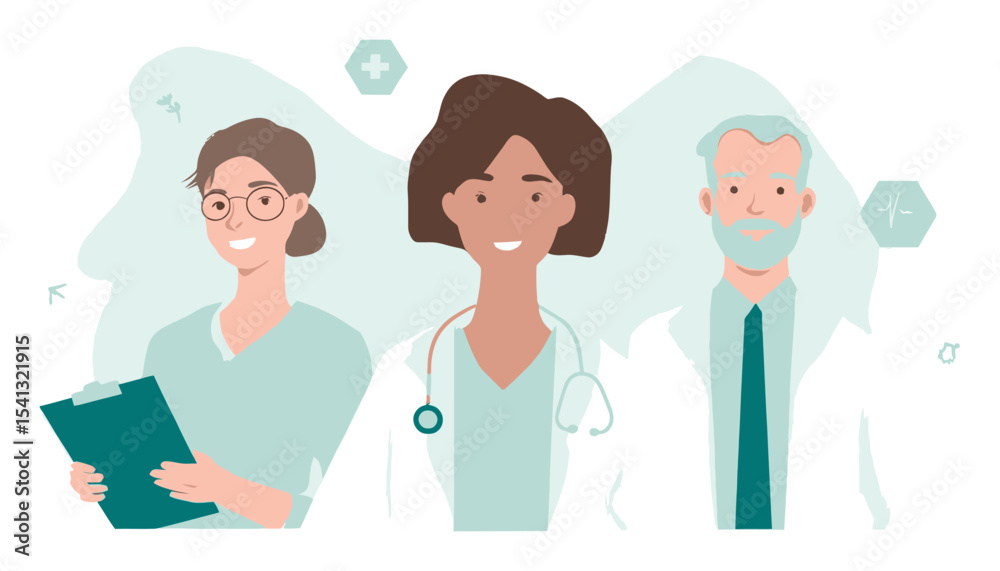 Friendly Medical Professionals in Modern Vector Graphic Design Style Friendly Medical Professionals in Modern Vector Graphic Design Style