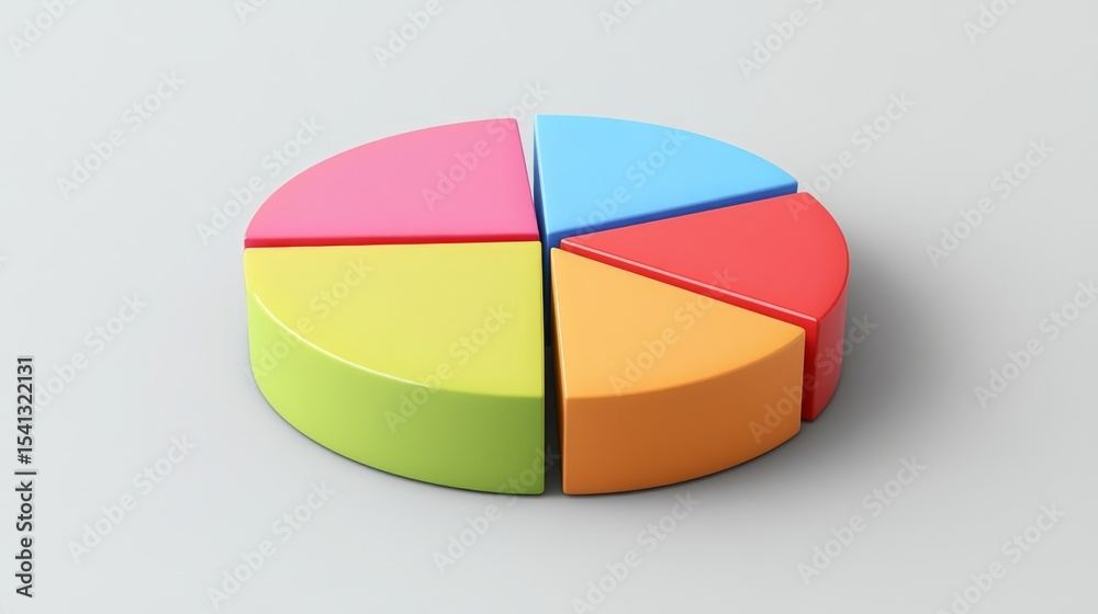 Obraz premium Minimalist D pie chart with labeled parts and soft shadows, light grey background