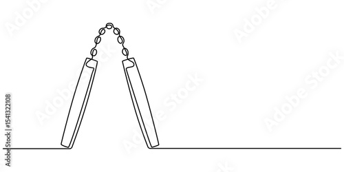 continuous line of nunchaku.drawing of one line of the traditional martial arts tool nunchaku.single line of two sticks connected by a chain or rope, nunchaku martial arts weapon vector, white back.