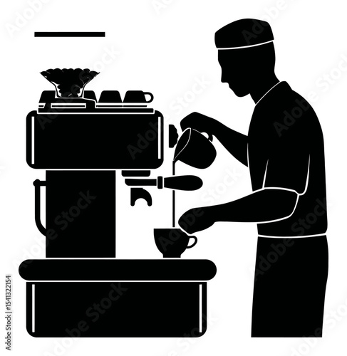 Silhouette of Barista Pouring Coffee from Espresso Machine and Coffee Cup