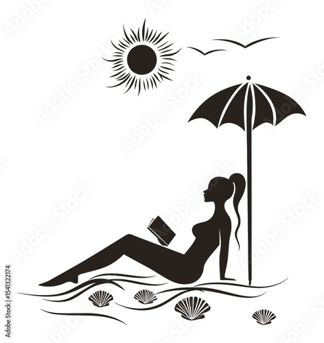 Silhouette of a Woman Reading Under an Umbrella at the Beach