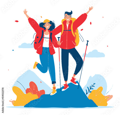 Happy Young Adventurers Hiking Together on Rocky Summit in Nature Illustration