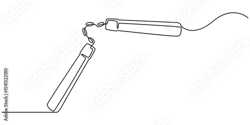 continuous line of nunchaku.drawing of one line of the traditional martial arts tool nunchaku.single line of two sticks connected by a chain or rope, nunchaku martial arts weapon vector, white back.