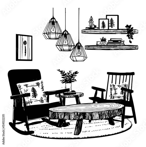 Artistic Hand-Drawn Illustration of Cozy Living Room with Modern Elements