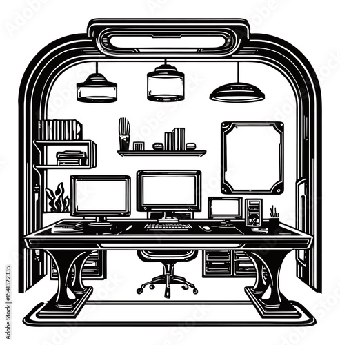Abstract Drawing of a Modern Home Office Workspace with Computer Setup
