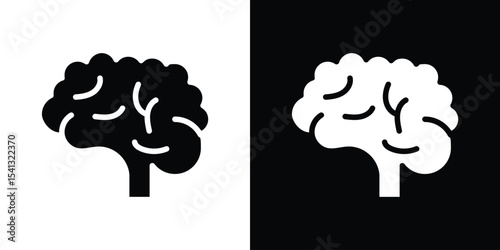 Brain icon in flat black solid vector set