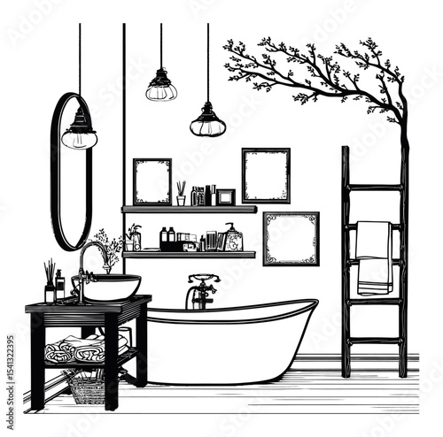 Hand-drawn abstract illustration of a stylish modern bathroom interior design