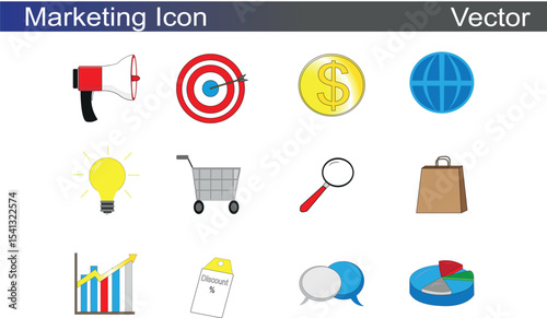 12 Editable Colour Marketing Icon set on White Background