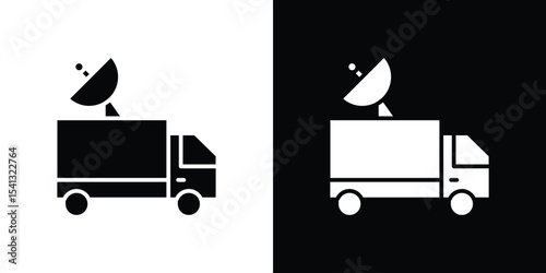 Broadcast van icon in flat black solid vector set