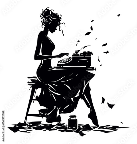 Elegant Silhouette of a Woman Writing on a Vintage Typewriter with Papers