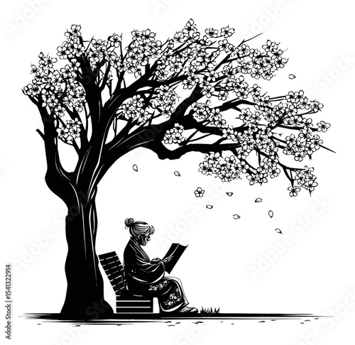 Abstract Hand Drawing of a Woman Reading Beneath a Flowering Tree