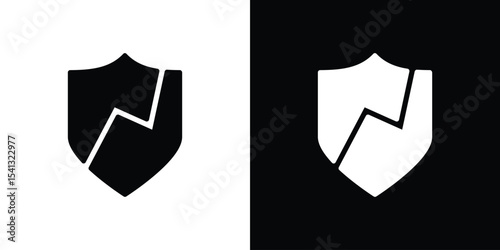 Broken shield icon in flat black solid vector set