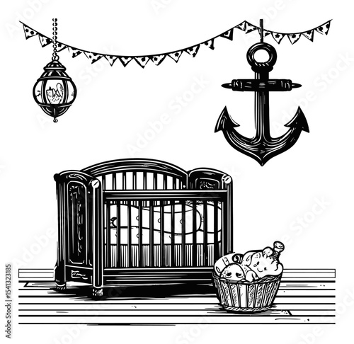Hand Drawn Abstract Illustration of Nursery Crib and Nautical Elements