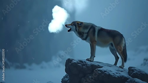 Lone wolf howls in frozen wilderness environment  
