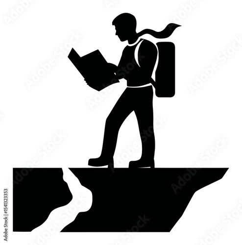 Silhouette of Adventurer Hiking on Cliff with Map and Backpack in Hand