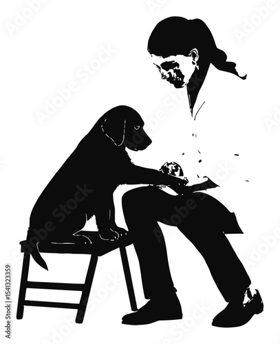 Black and White Illustration of a Person Interacting with a Dog