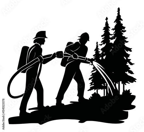 Silhouette of Two Firefighters Using Hose to Combat Wildfire in Forest Area