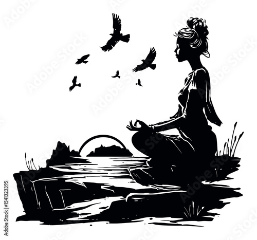 Serene Woman Meditating by Water with Birds Flying in Abstract Style